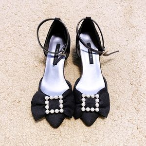 Japanese En Punto Black Shimmery White Pearl Bow Glittery Low Heels Pumps Heels